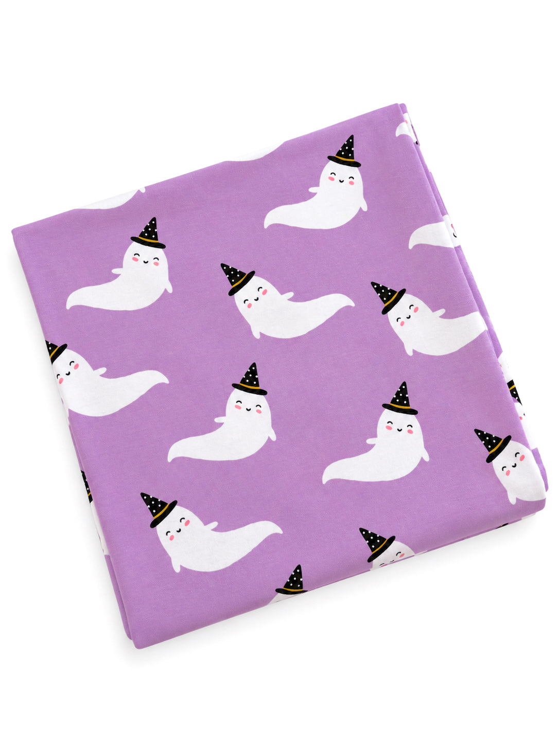 Purple fabric featuring cute white ghosts wearing black hats, scattered across the material.