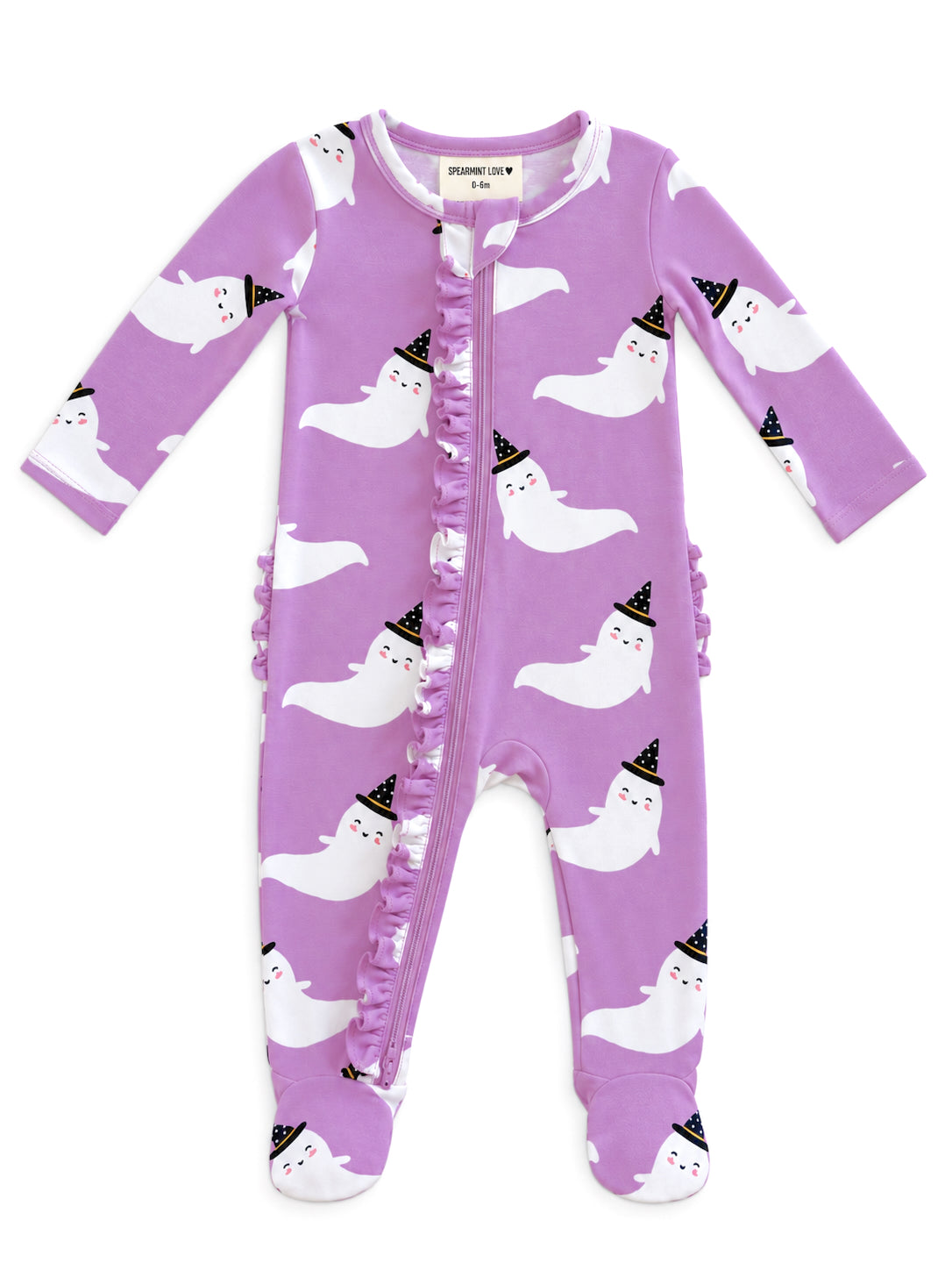 Lavender infant onesie with ghost print and ruffle detailing, featuring cute hats on the ghosts.