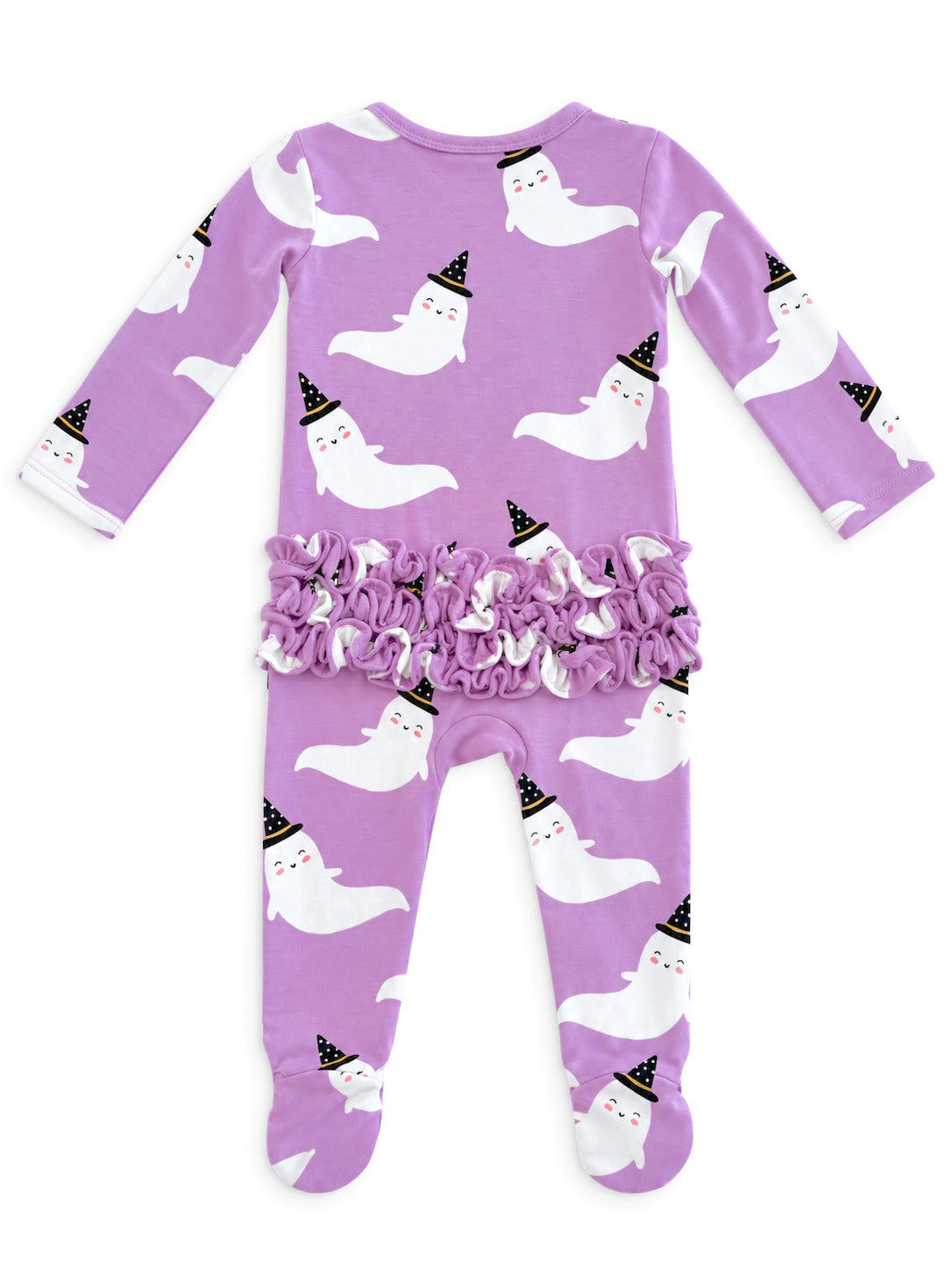 Lavender pajama set featuring playful ghosts in hats and ruffled detailing at the waist. Ideal for Halloween festivities.