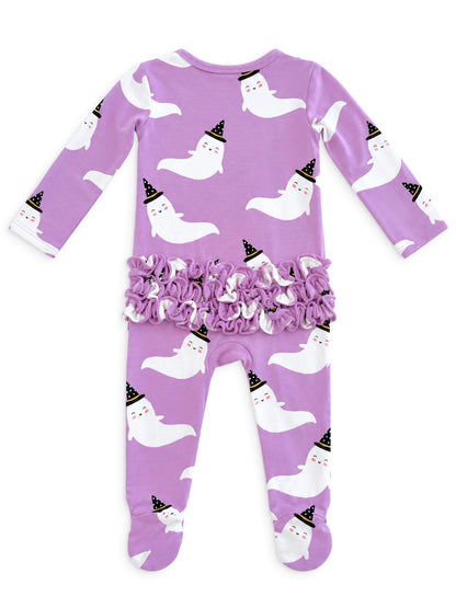 Lavender pajama set featuring playful ghosts in hats and ruffled detailing at the waist. Ideal for Halloween festivities.