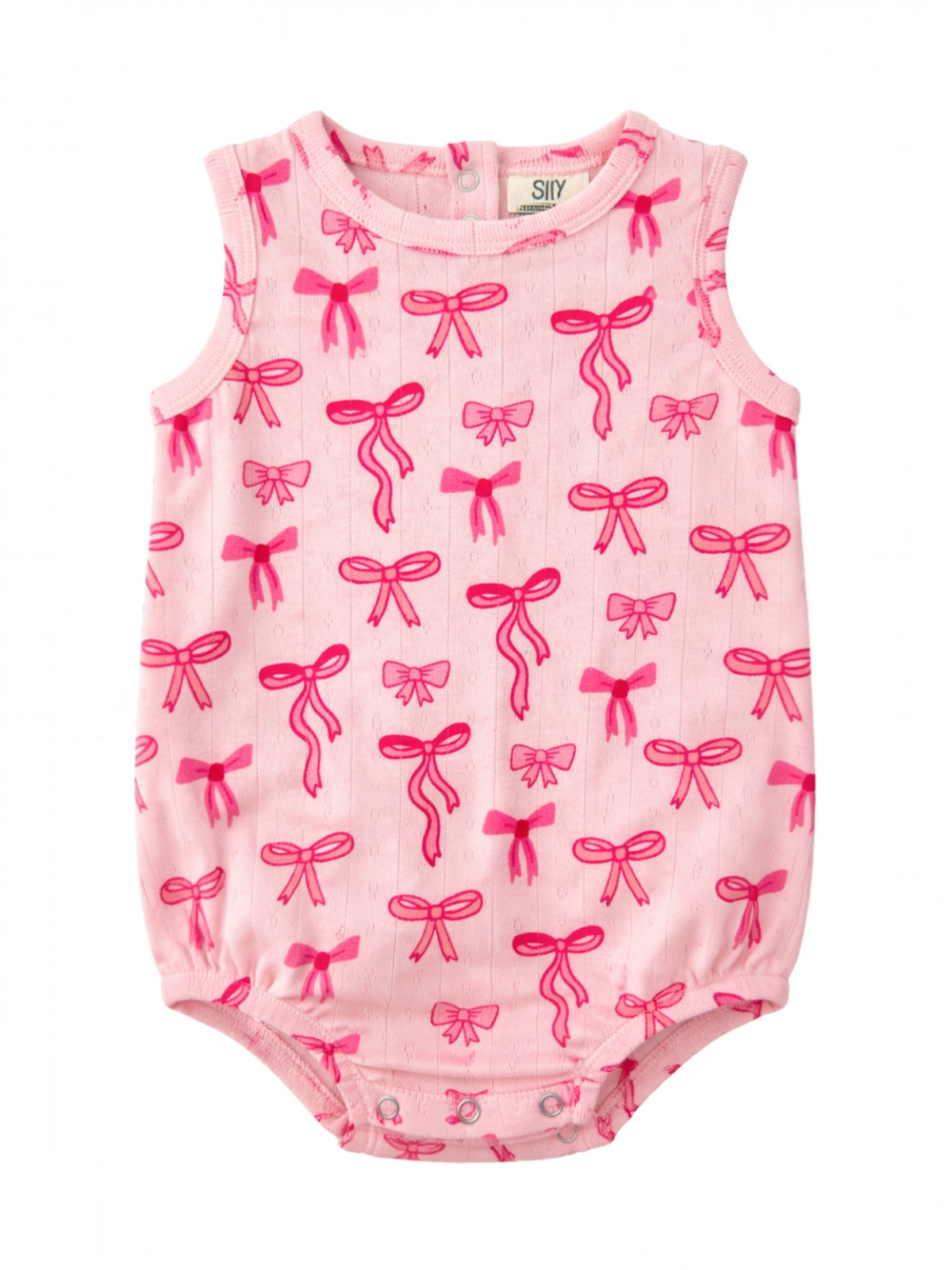 Pink infant bodysuit with a pattern of bright pink bows on a light background.