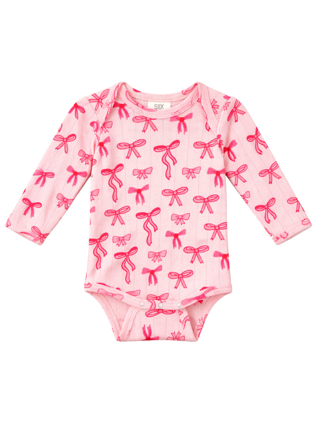 Pink long-sleeve baby bodysuit with cute bow print pattern. Perfect for infants.