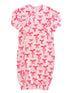 Light pink baby gown with red bow patterns, featuring short sleeves and a gathered bottom.