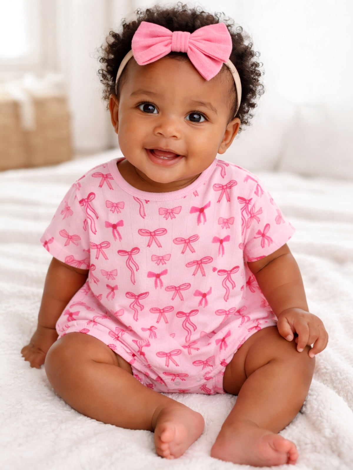 Smiling baby in a pink bow print outfit, sitting on a soft blanket with a matching headband.