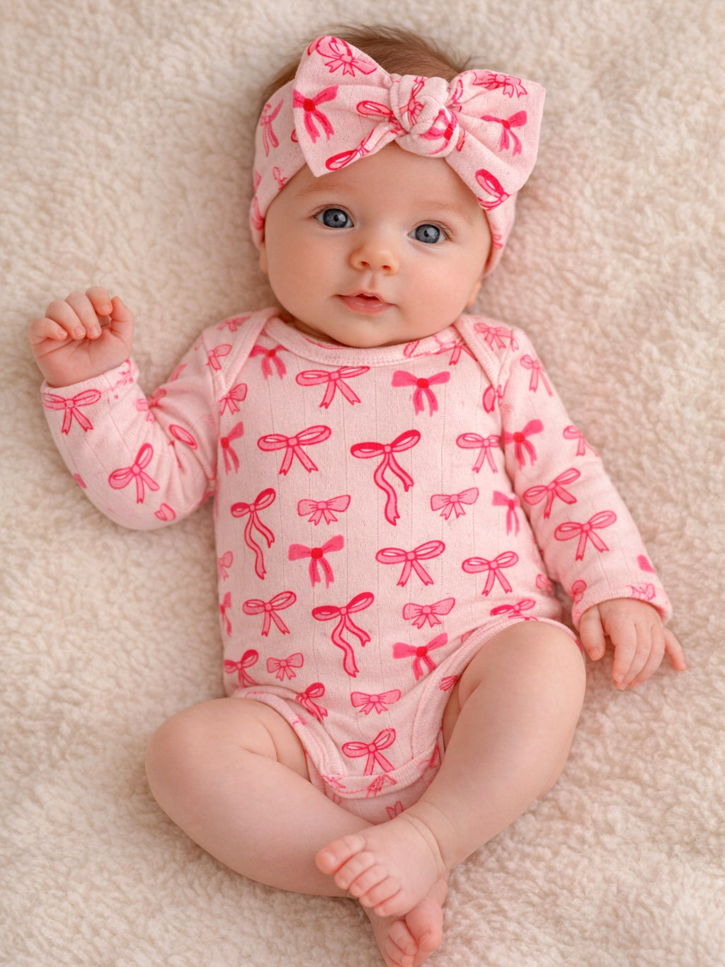 Baby girl in a pink outfit with bow patterns, wearing a matching headband, lying on a soft, textured blanket.