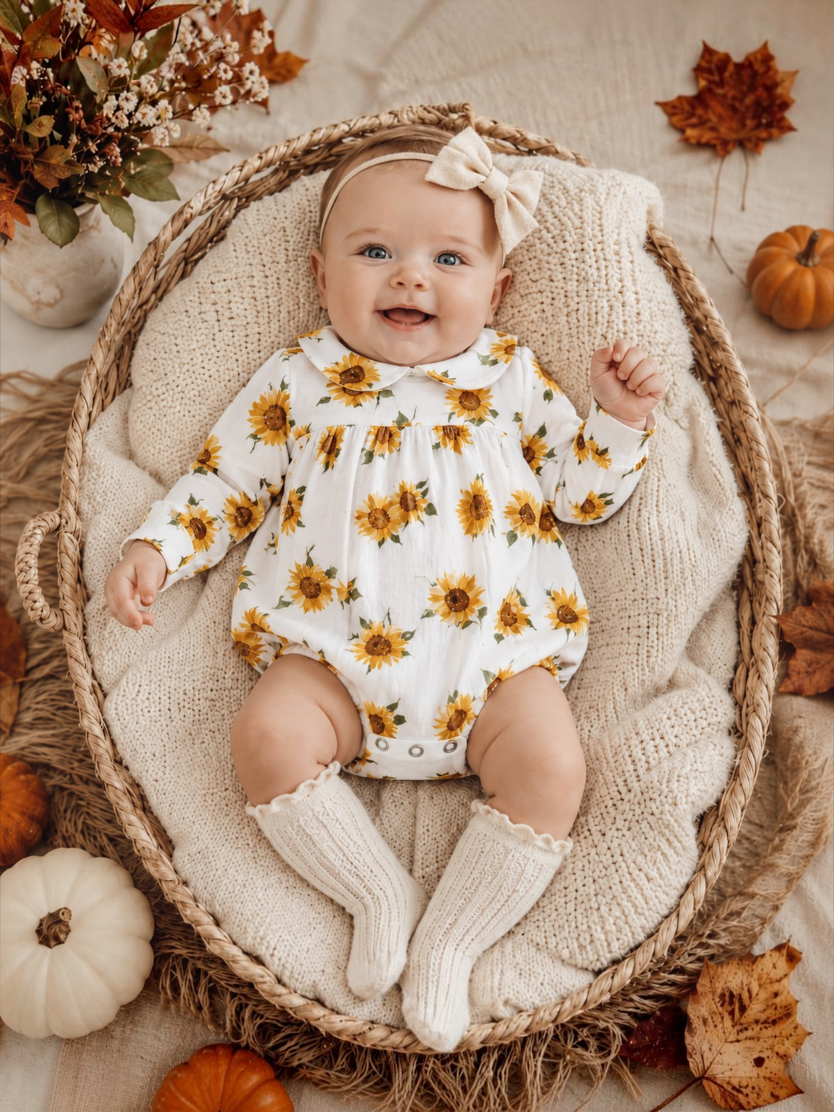 Smiling baby in a sunflower outfit, sitting in a woven basket with autumn decor.