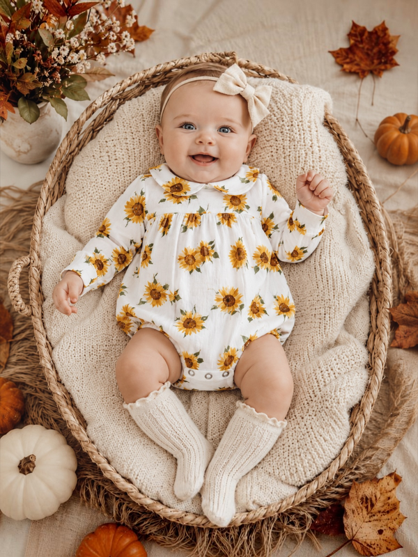 Smiling baby in a sunflower outfit, sitting in a woven basket with autumn decor.
