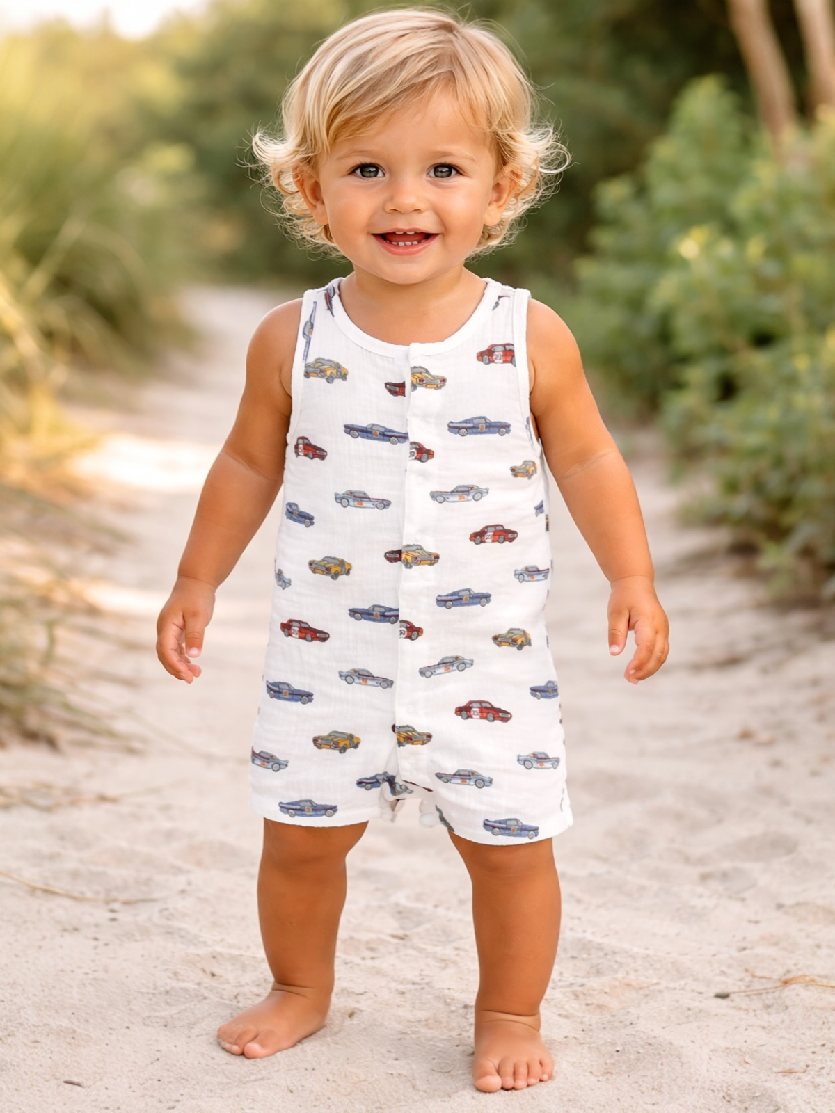 Smiling toddler in a car-patterned outfit stands on a sandy path surrounded by greenery.