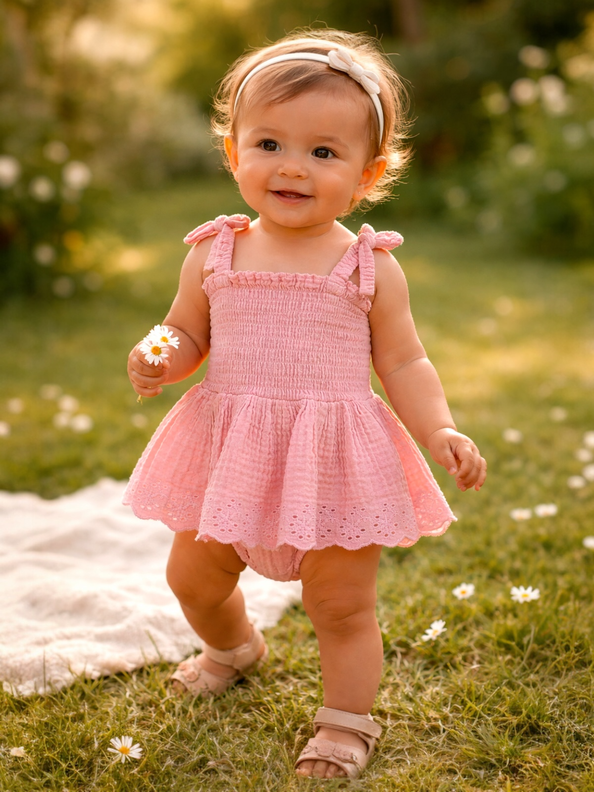 Smiling toddler in a pink dress holding a daisy, walking on grass, with flowers in a sunny outdoor setting.