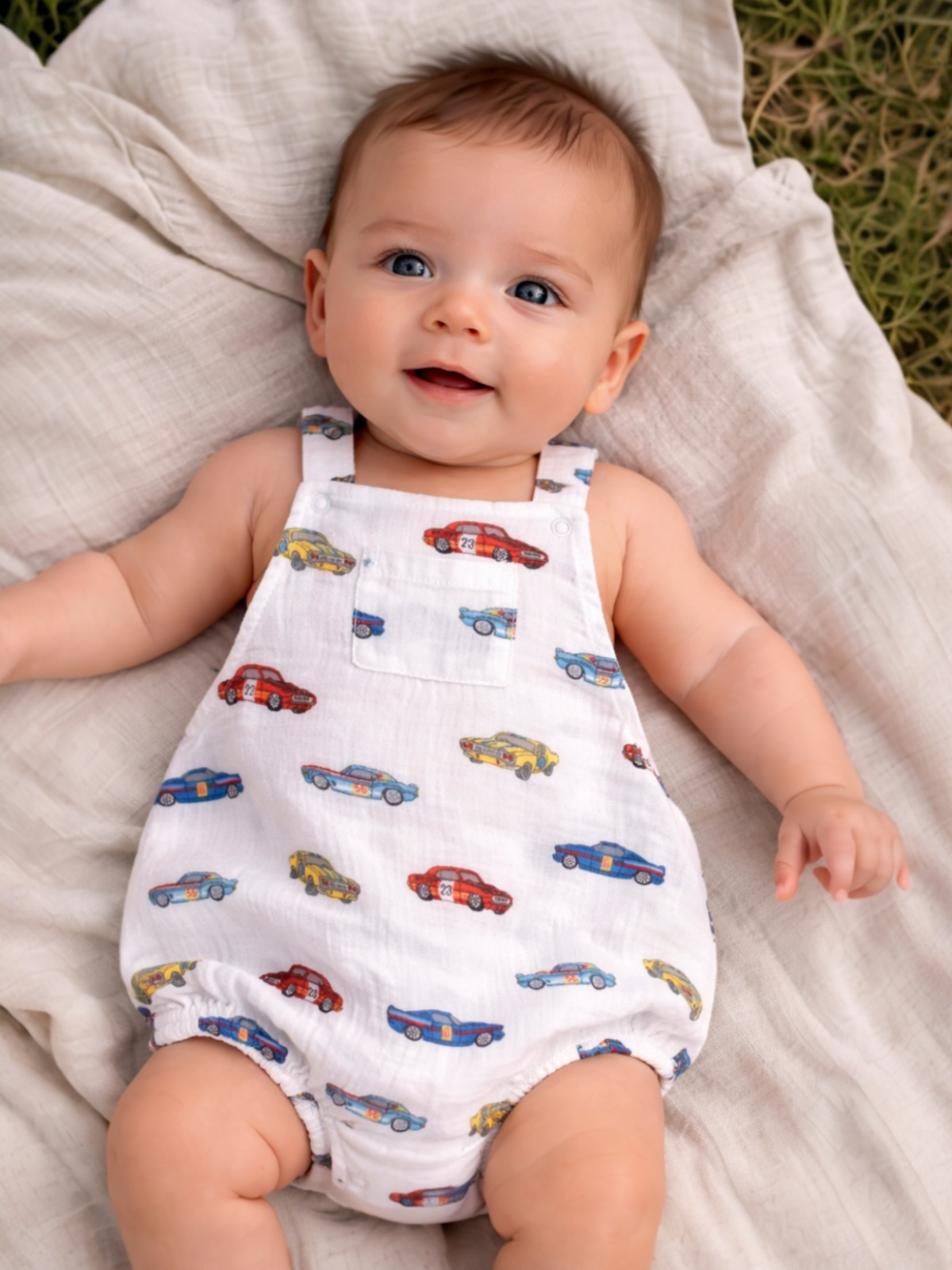 Smiling baby in a race car-printed romper, lying on a soft blanket outdoors.