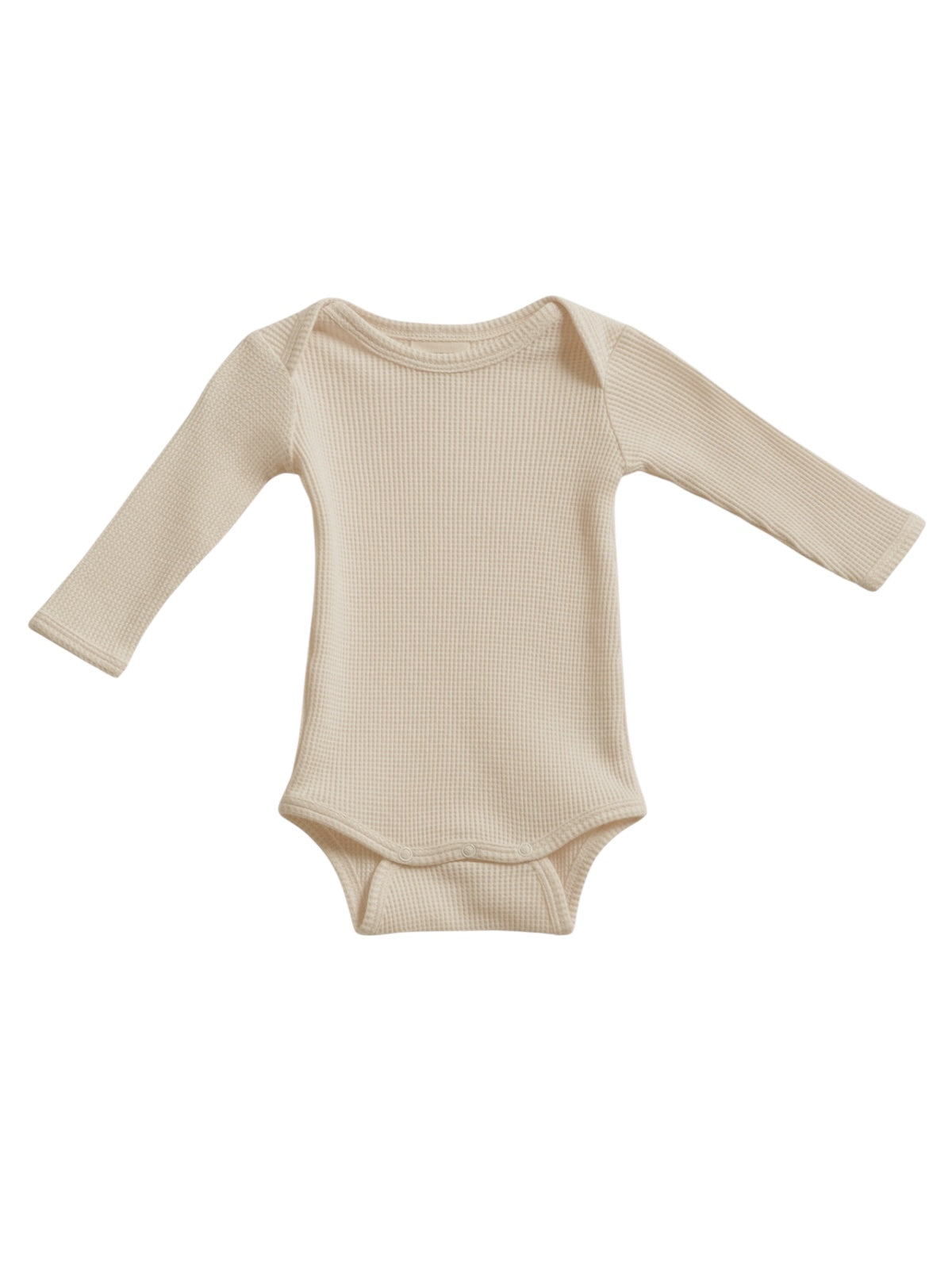 Light beige long-sleeve baby bodysuit displayed flat. Soft, ribbed texture, suitable for infants.