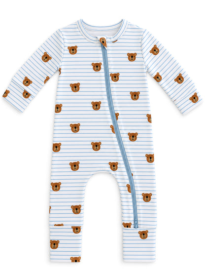 Blue Bear Stripe / Organic Cotton 2-Way Zip Romper
