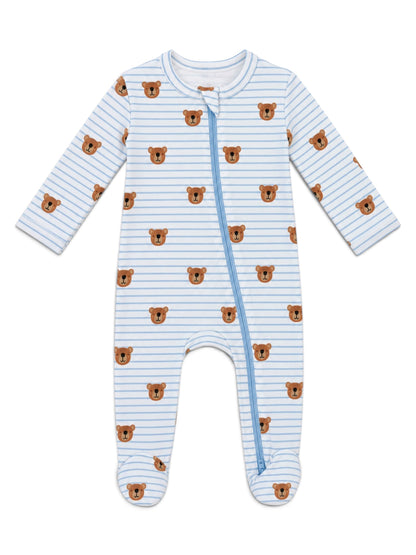 Blue Bear Stripe / Organic Cotton 2-Way Zip Footie