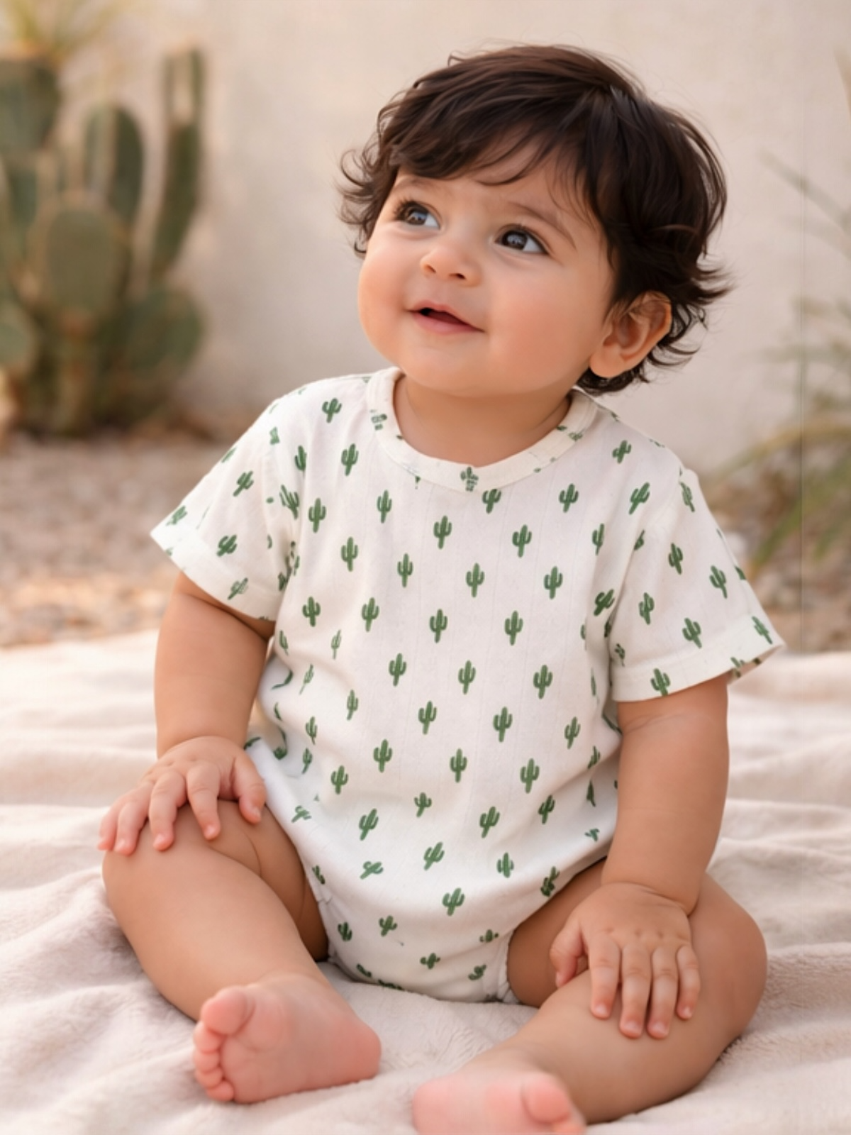 Smiling baby in a cactus-patterned onesie, sitting on a blanket outdoors with greenery in the background.