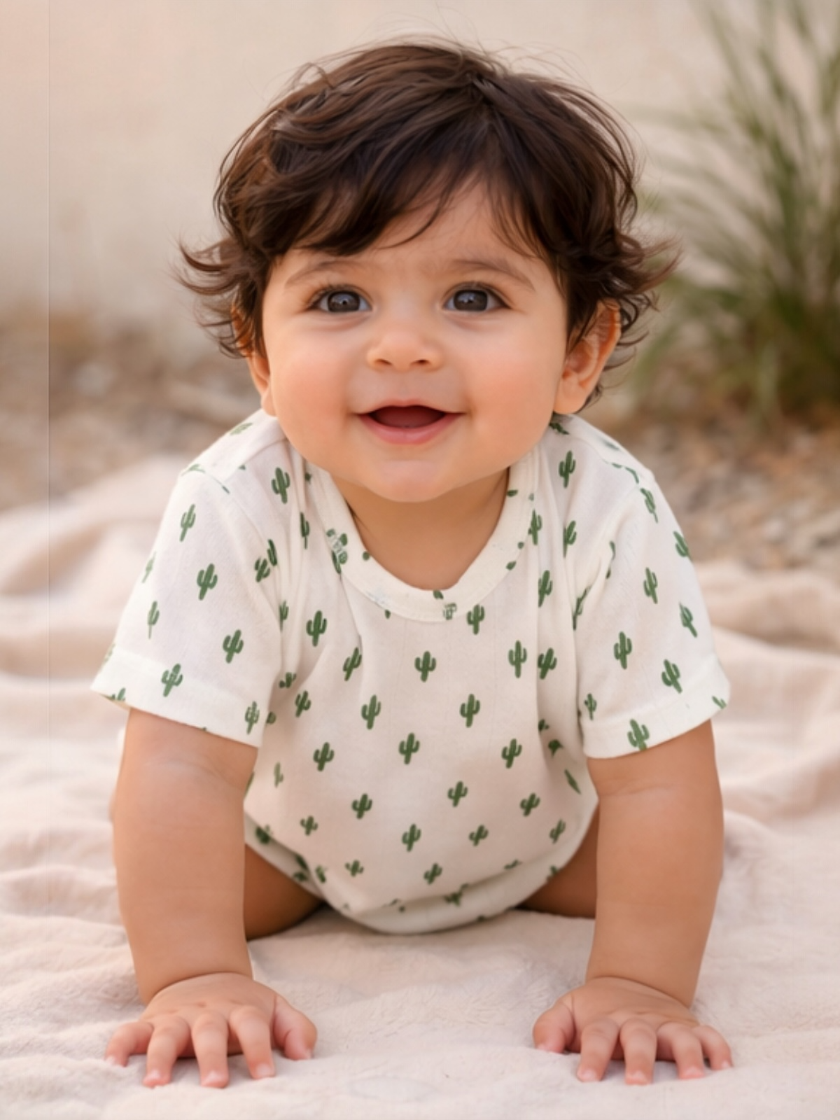 Smiling baby in cactus-printed onesie, crawling on soft surface, with greenery in the background.