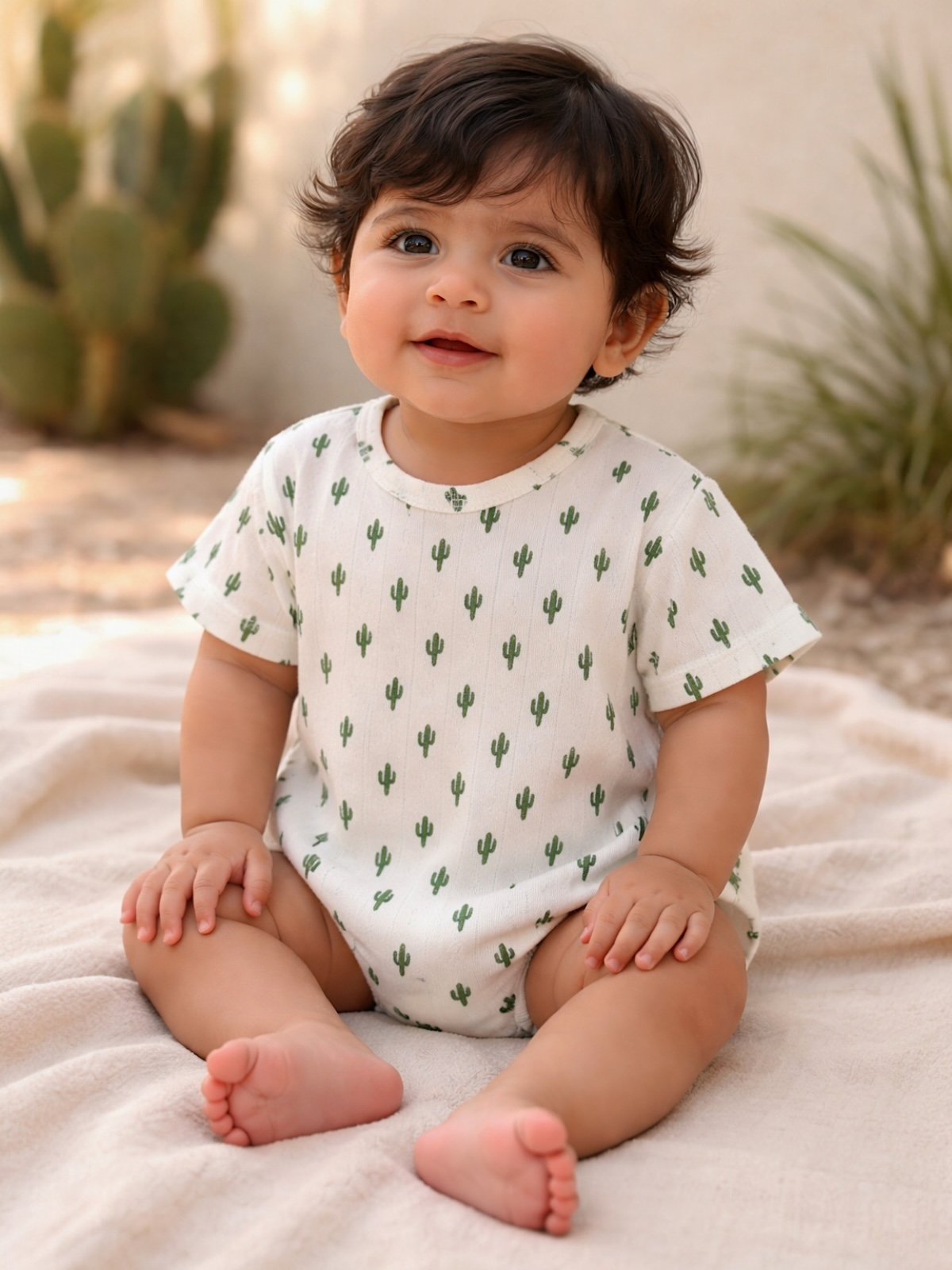Infant sitting on a blanket, wearing a cactus print onesie, smiling, surrounded by greenery.