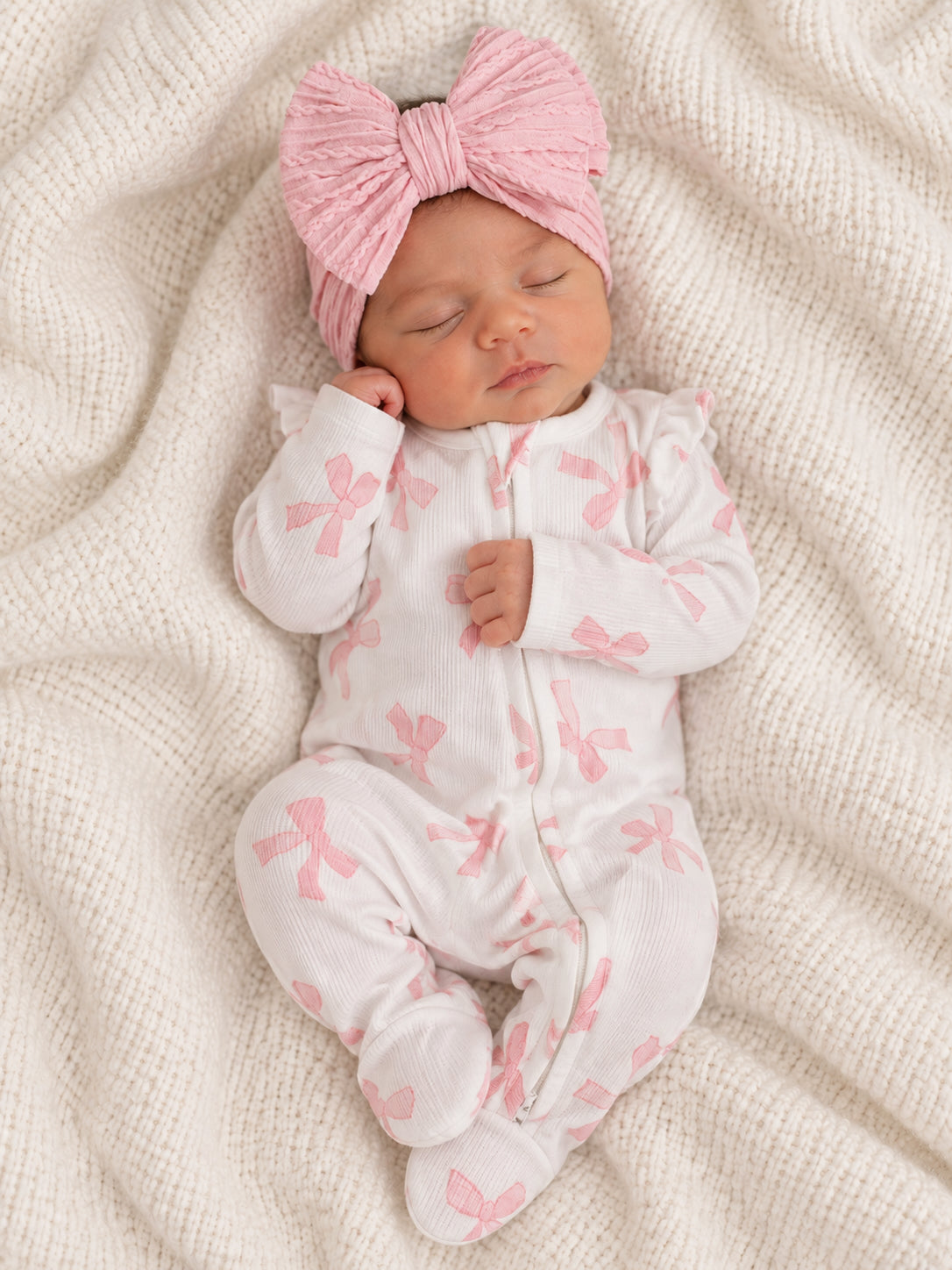 Ribbed Ruffle Sleeve 2-Way Zip Footie, Pretty Bows