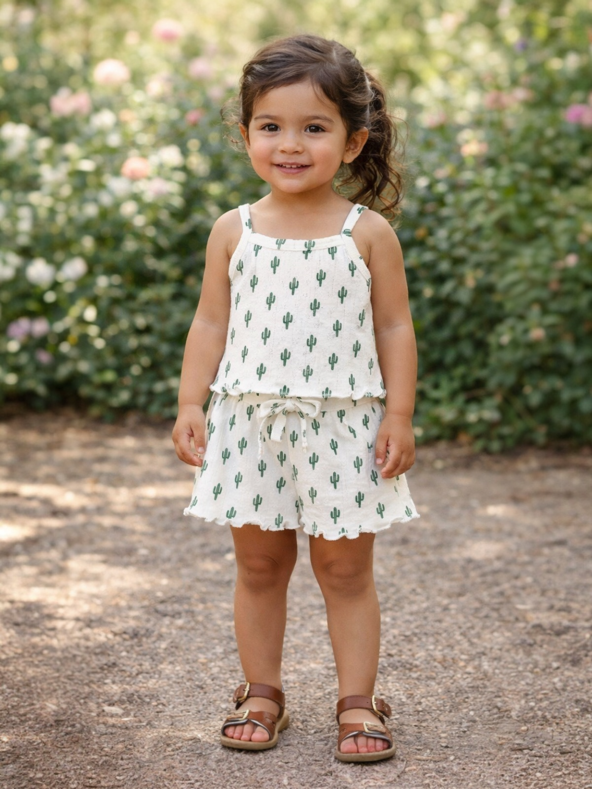 Smiling girl in cactus-pattern outfit stands on a path surrounded by greenery and flowers.