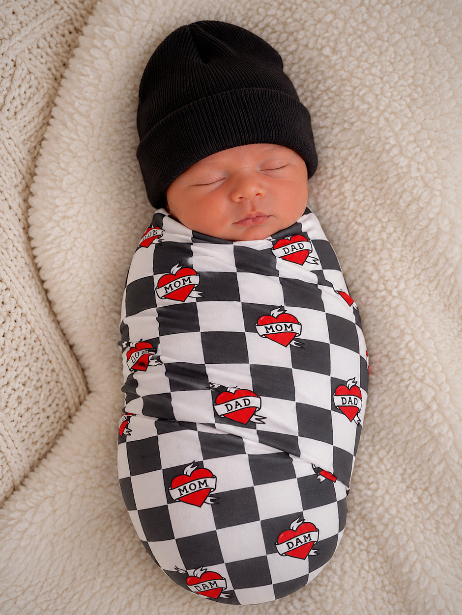 Stretch Swaddle, Heart Tattoo Check Black
