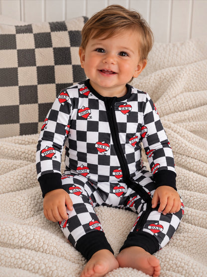 2-Way Zip Romper, Heart Tattoo Check Black