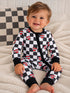2-Way Zip Romper, Heart Tattoo Check Black
