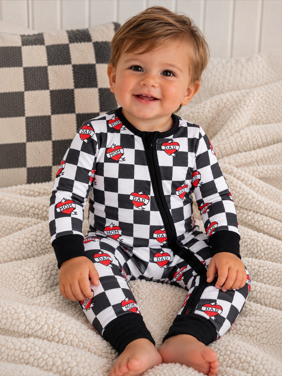 2-Way Zip Romper, Heart Tattoo Check Black
