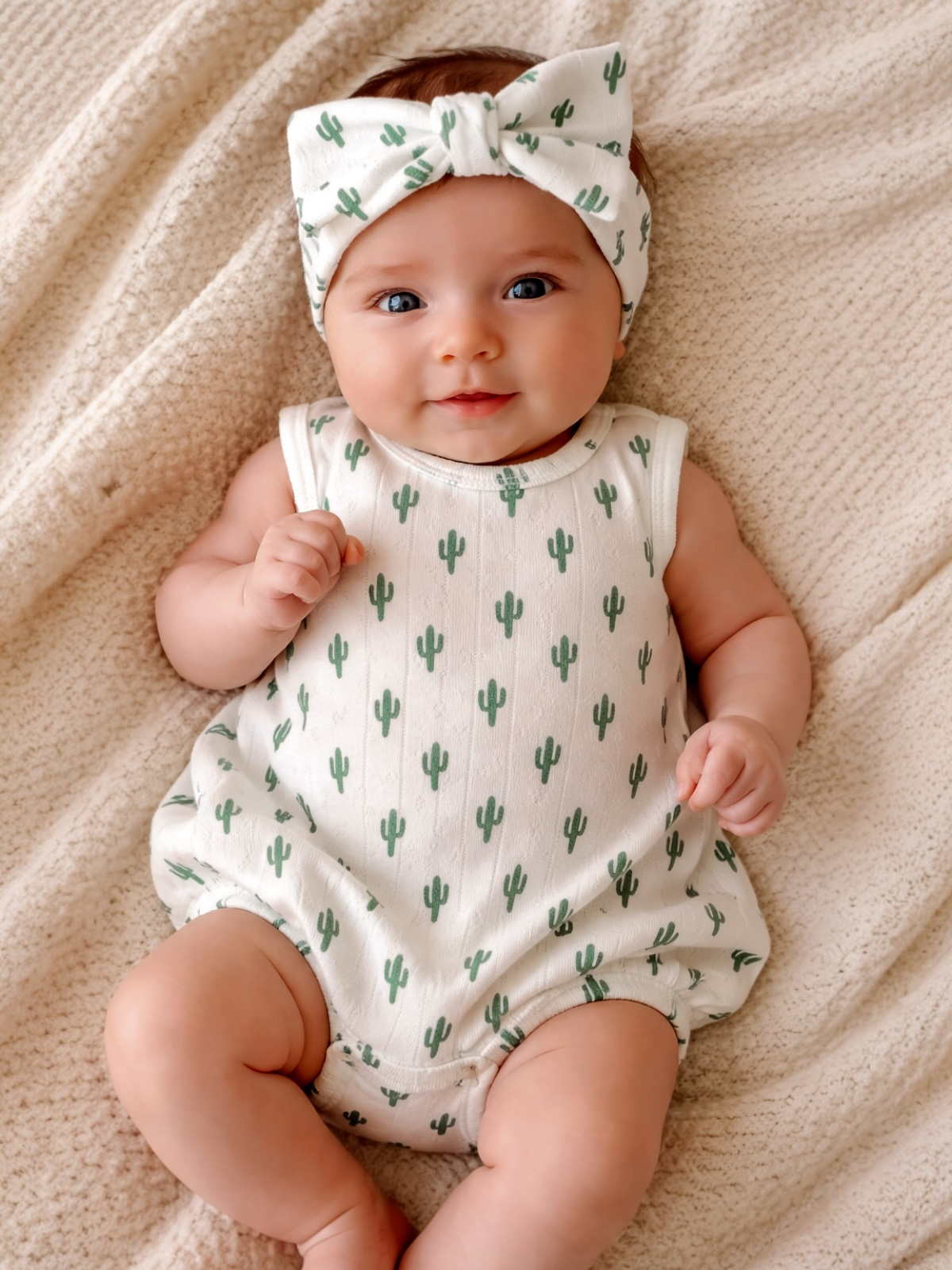 Smiling baby in a cactus-patterned outfit and headband, resting on a soft blanket.
