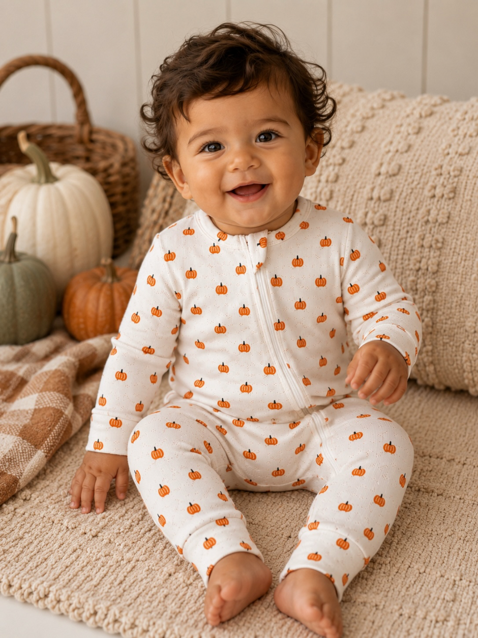 Pumpkin / Organic Pointelle 2-Way Zip Romper