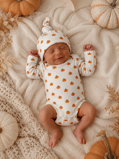 Smiling baby in pumpkin-patterned outfit, surrounded by soft textures and decorative pumpkins.