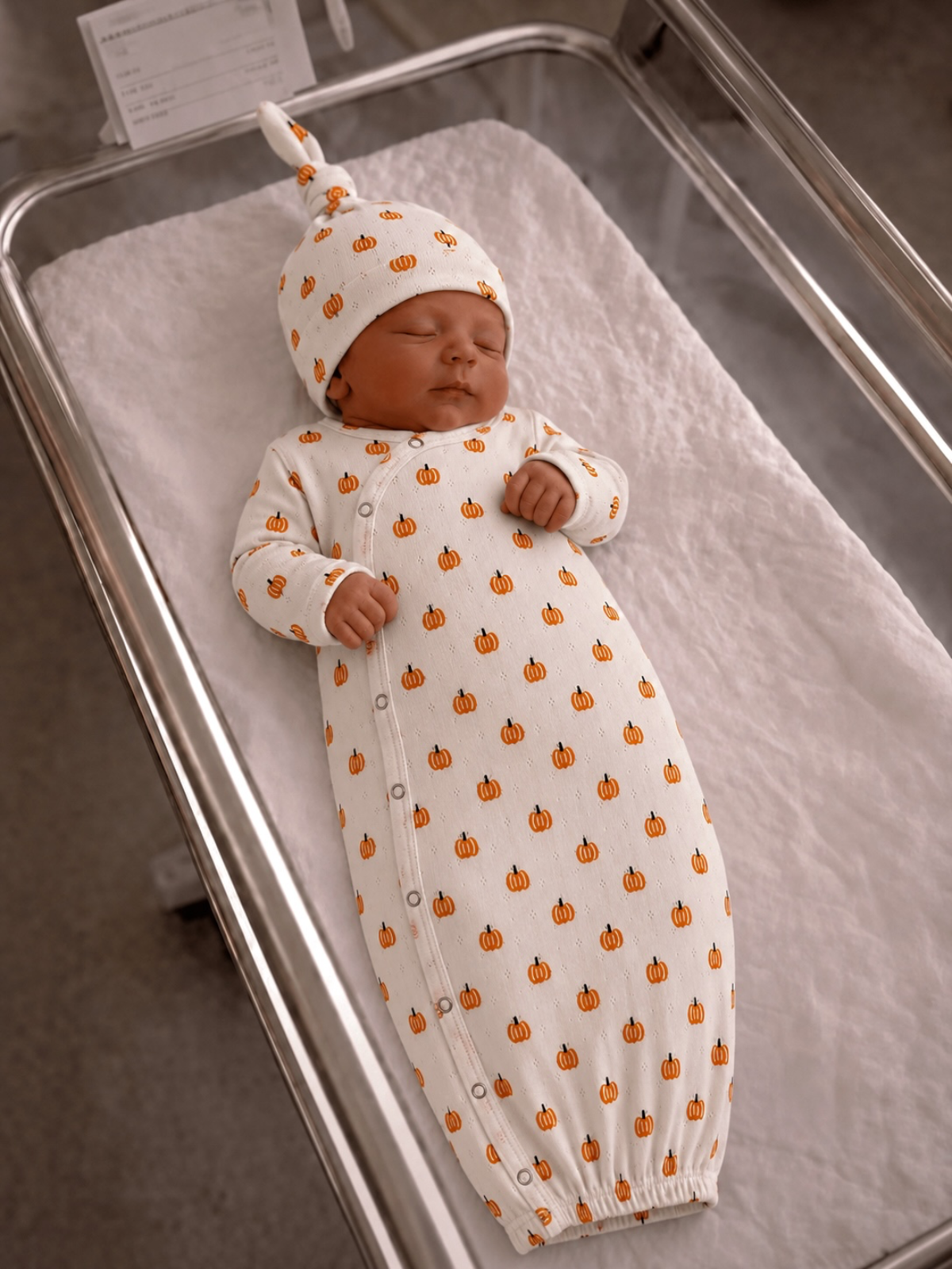 Newborn baby sleeping in a pumpkin-patterned outfit in a hospital bassinet.