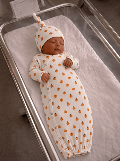 Newborn baby sleeping in a pumpkin-patterned outfit in a hospital bassinet.