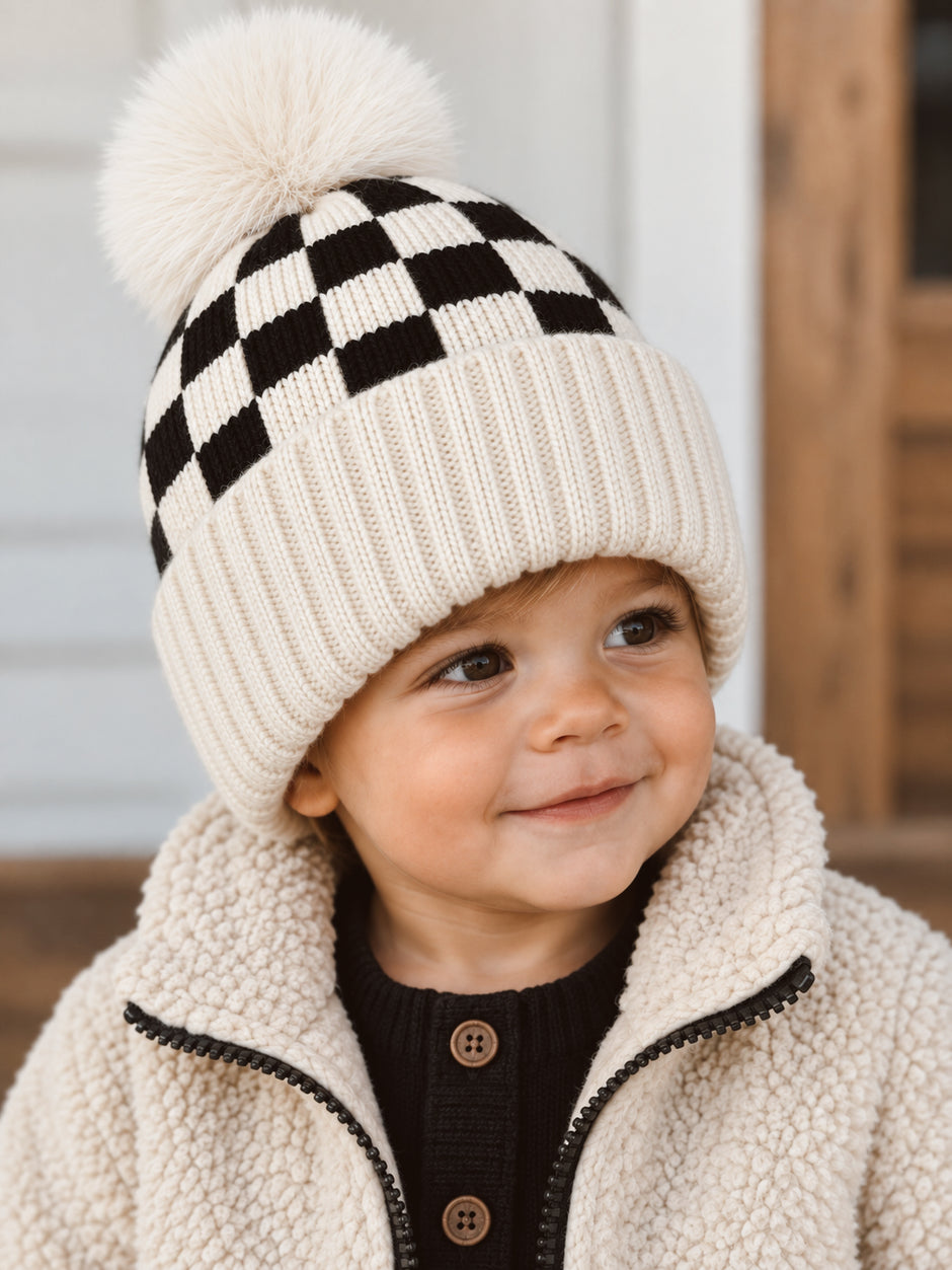 Checkerboard Fur Pom Hat, Cream