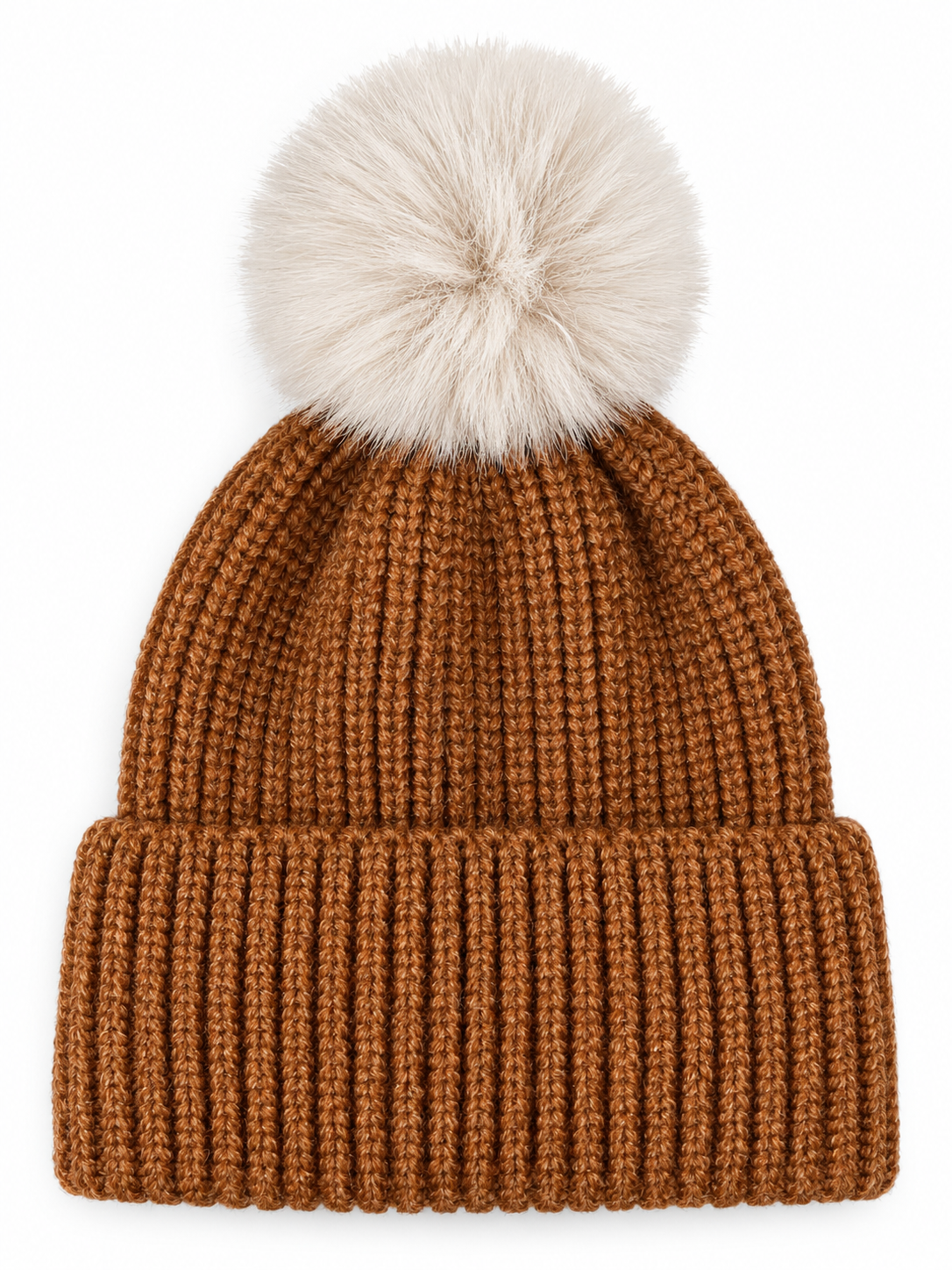 Rib Knit Fur Pom Hat, Toffee