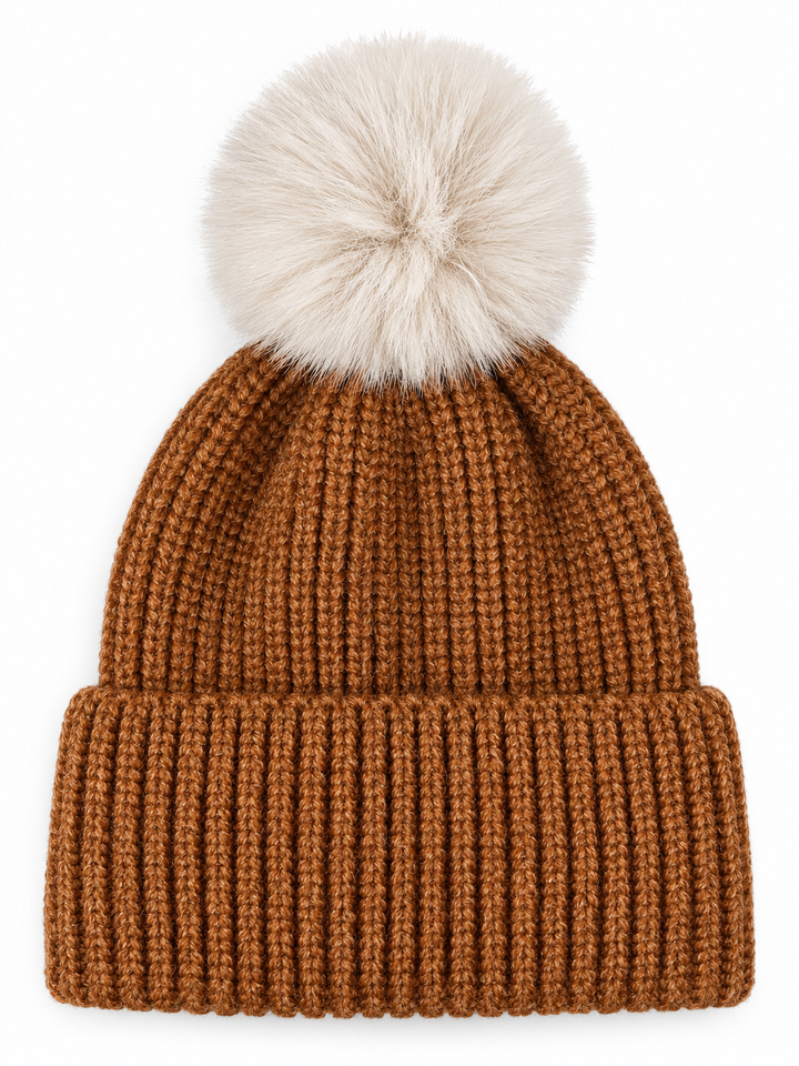 Rib Knit Fur Pom Hat, Toffee