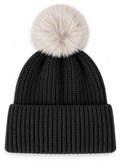 Rib Knit Fur Pom Hat, Obsidian