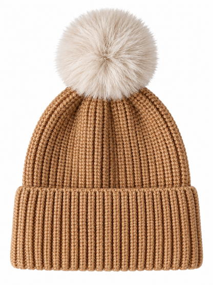 Rib Knit Fur Pom Hat, Rustic