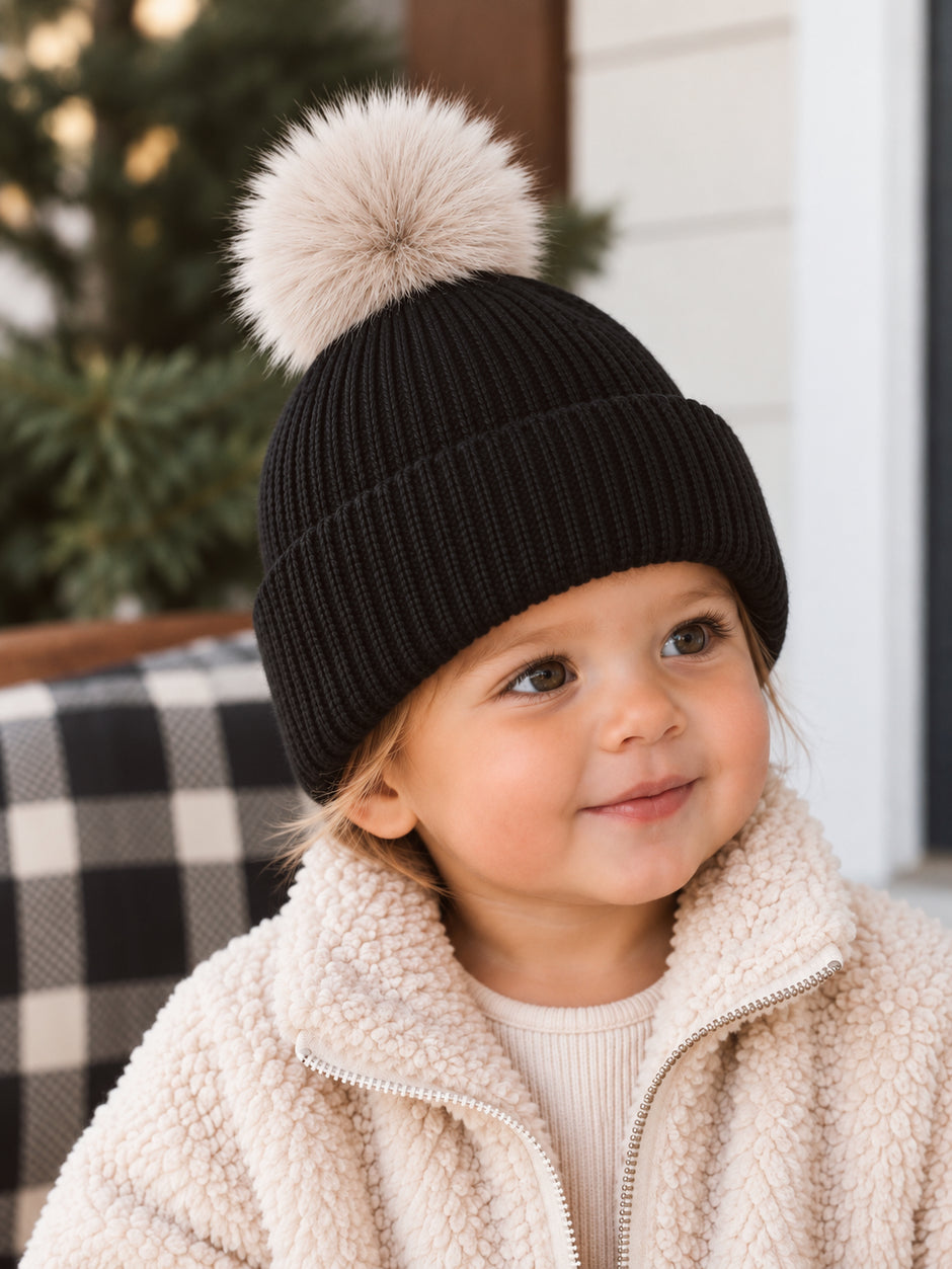 Rib Knit Fur Pom Hat, Obsidian
