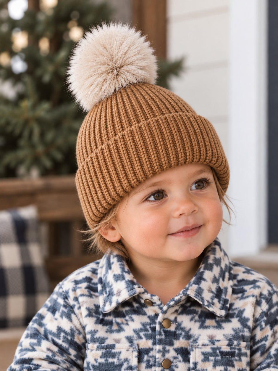 Rib Knit Fur Pom Hat, Rustic