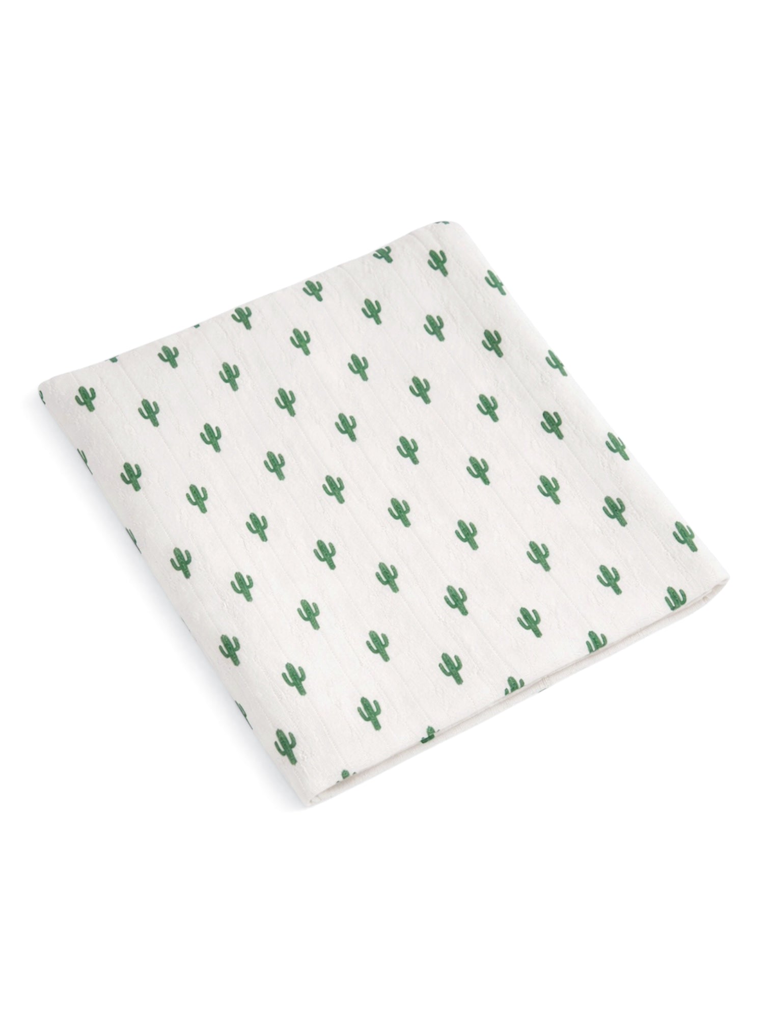 White fabric with a repeating cactus pattern in green.
