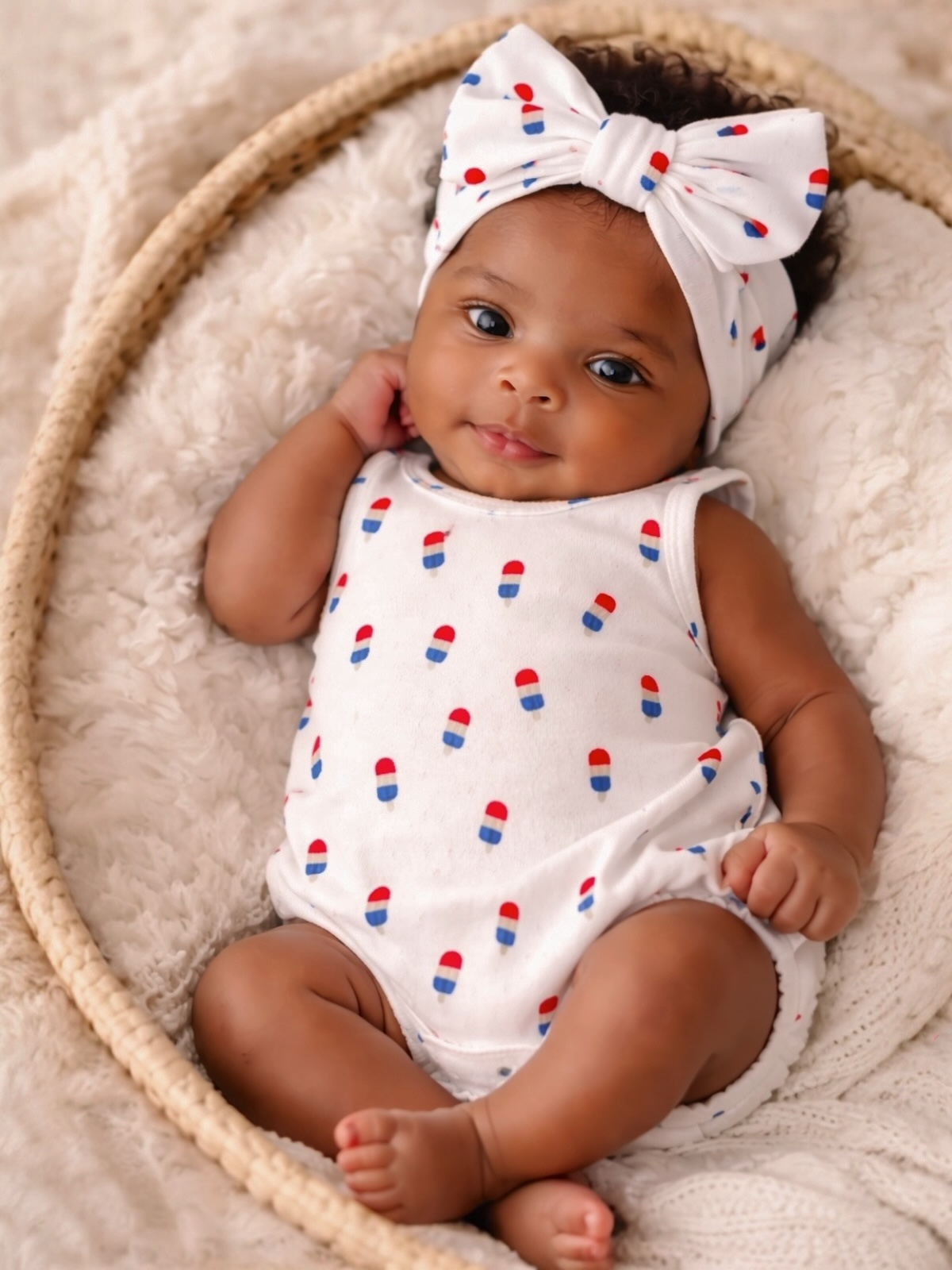 Infant with dark curly hair, wearing a sleeveless onesie with colorful patterns, resting in a woven basket.