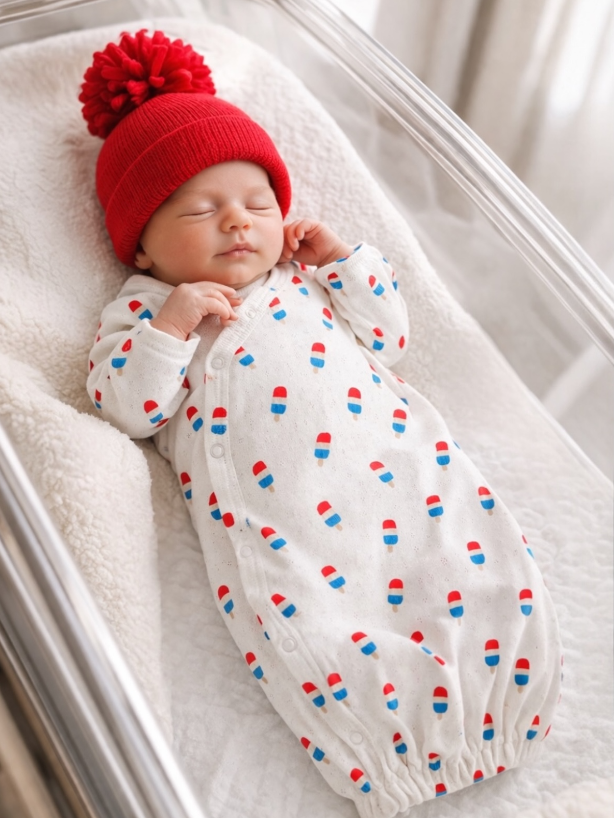 Sleeping baby in a red hat, wearing a white outfit with colorful popsicle patterns, cozy in a bassinet.