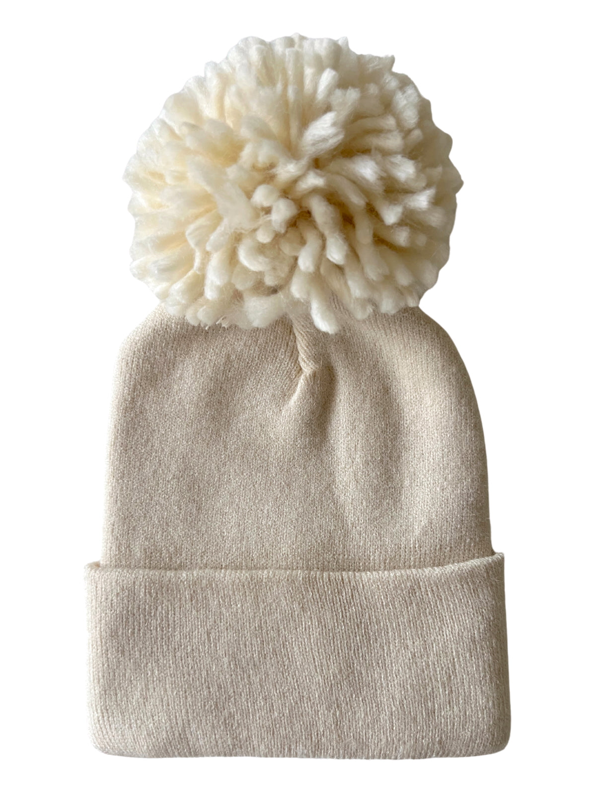 Beige knit beanie with a large, fluffy pom-pom on top, perfect for winter wear.
