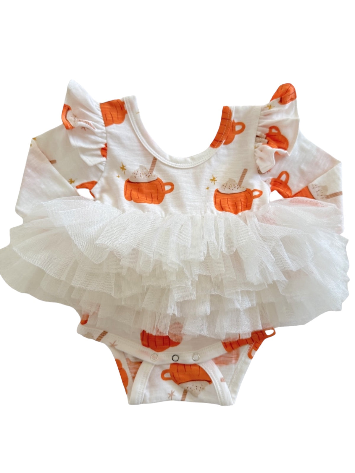White onesie with ruffled sleeves and layered tulle, featuring orange cups and stars pattern.