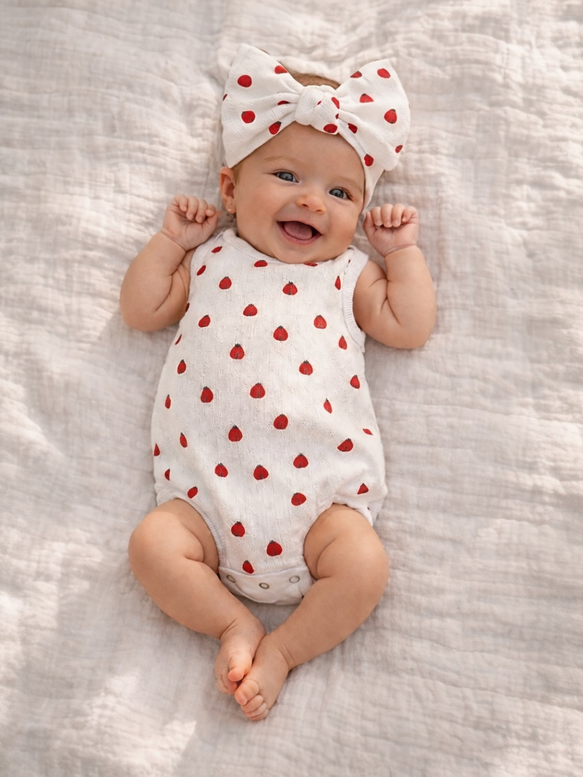 Smiling baby in a strawberry-patterned outfit and large bow, lying on a soft, textured blanket.