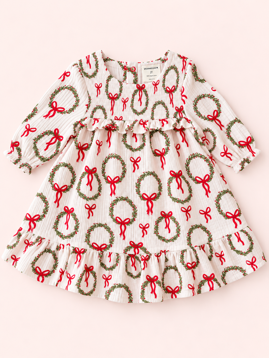 Smocked Ruffle Tiered Dress, Pink Wreath