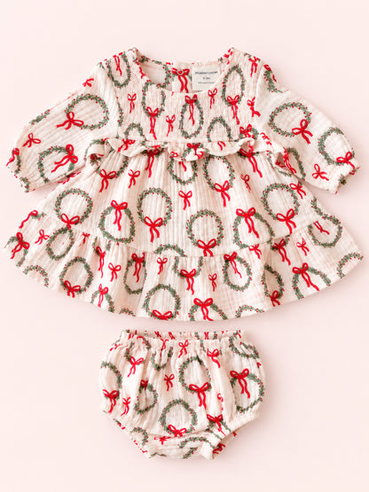 Smocked Ruffle Tiered Dress & Bloomer, Pink Wreath