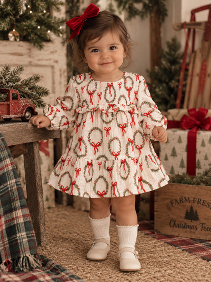 Smocked Ruffle Tiered Dress & Bloomer, Pink Wreath