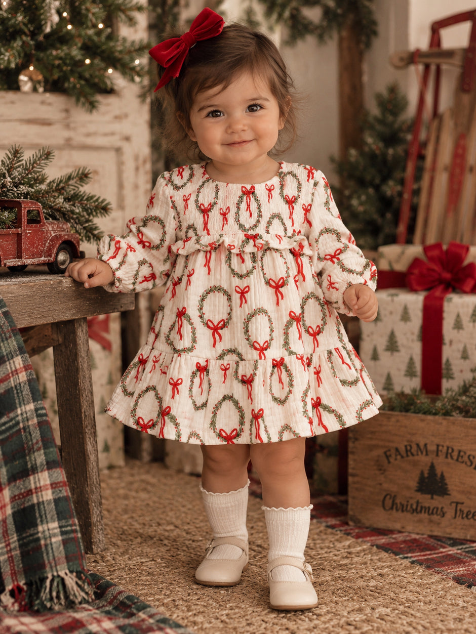 Smocked Ruffle Tiered Dress & Bloomer, Pink Wreath