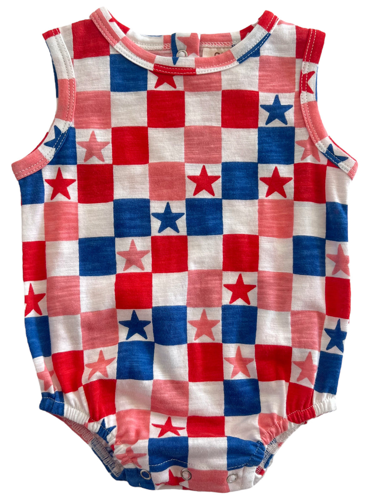 Red, white, and blue checkered baby romper with star patterns and snap closures at the bottom.