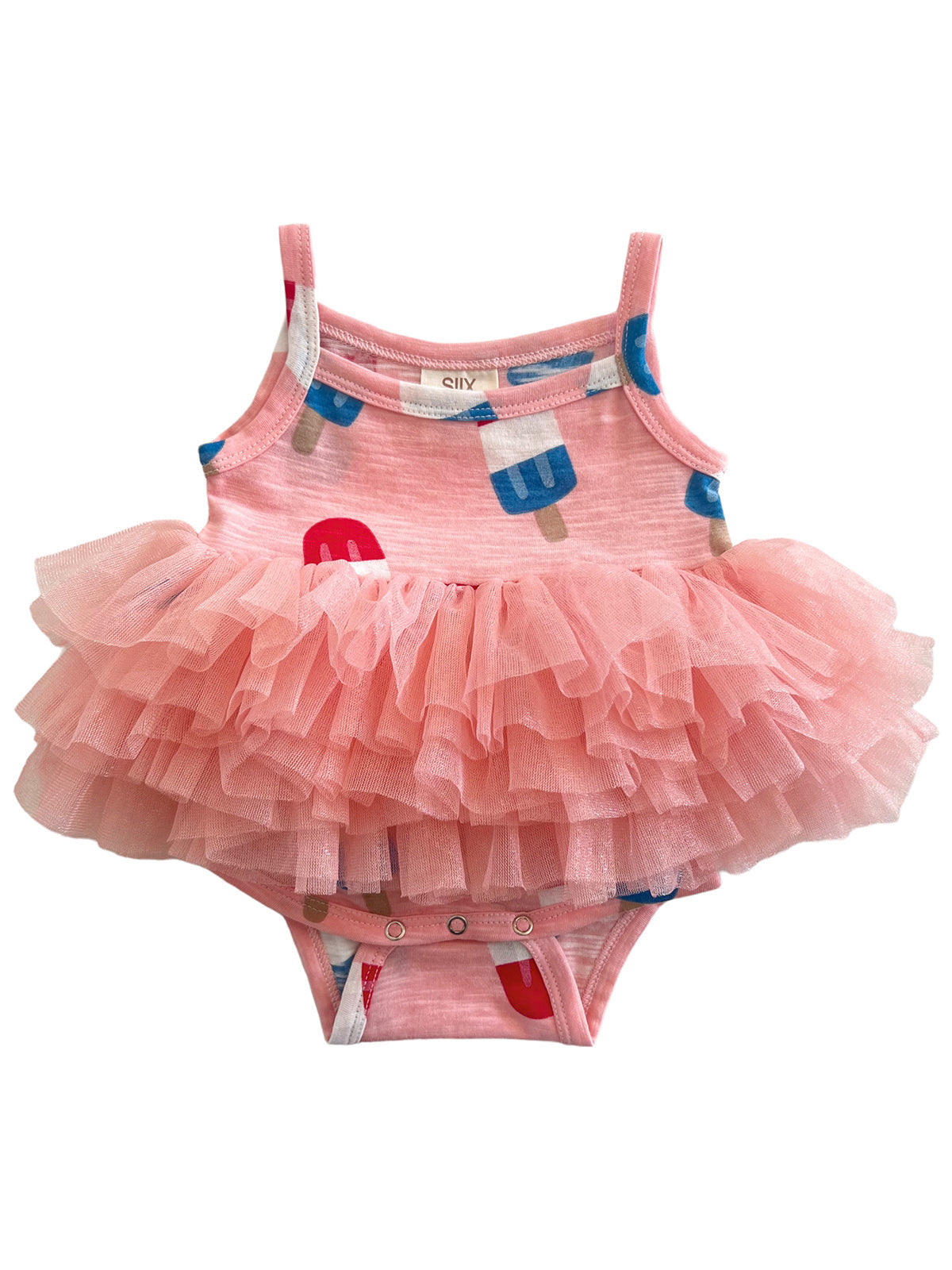 Pink toddler swimsuit with colorful popsicle print and layered tulle ruffles. Ideal for summer fun.